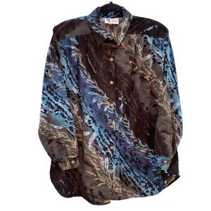 Vintage Maggie Sweet Black Blue Wheat Field Long Sleeve Button Up Shirt Sz M